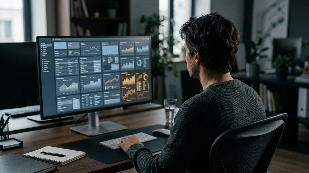 Une personne assise devant un écran de tableau de bord publicitaire qu'elle ne manipule pas, illustrant la perte de contrôle direct sur les leviers d'optimisation